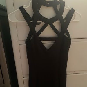 Black bodycon mini dress with neck detail